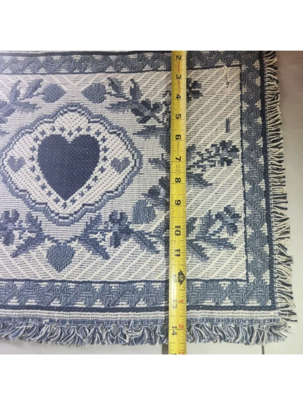 Set Of 2 placemats Blue White Heart Floral Woven Fringe cottagecore grannycore